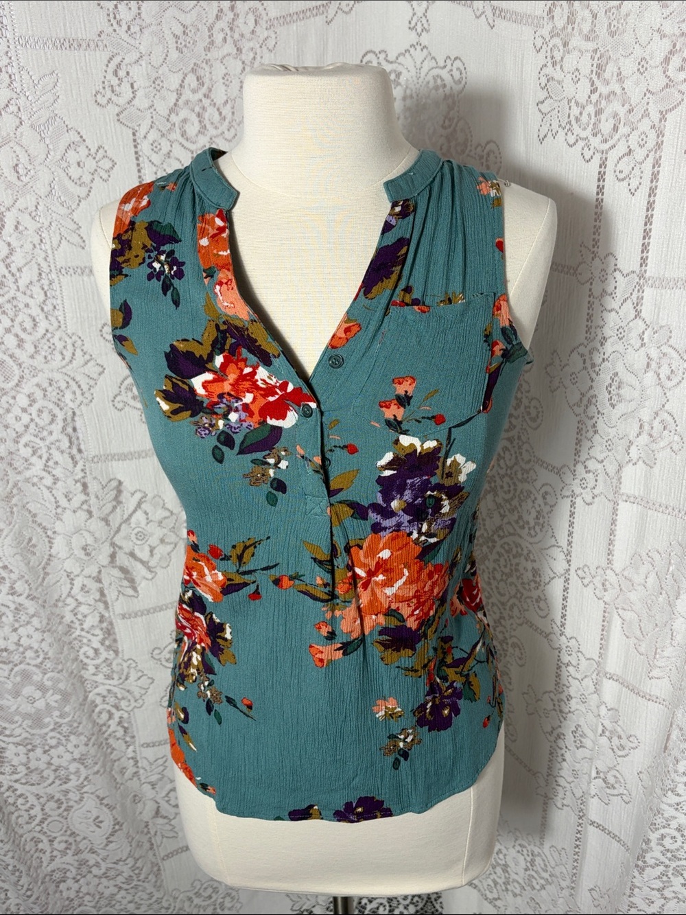 Sleeveless Teal Floral Button-Front Women's Top